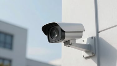 A professional photography shot of a sleek, modern CCTV camera mounted on a clean white wall of a European business building. The lighting is bright and clear, emphasizing the high-tech lens. The sky in the background is a soft pale blue, and the overall composition is minimalist and secure.