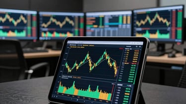 A vertical, high-end professional photography shot of a sleek trading workstation in an upscale Mumbai, India office. The scene features a high-resolution tablet on a dark leather desk displaying real-time gold trading candlestick charts with emerald green and gold indicators. In the background, the soft glow of multiple financial monitors illuminates a modern, authoritative space with deep black and charcoal grey walls.