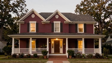 A wide panoramic shot of a classic, elegant Atlanta residential home with a welcoming front porch, surrounded by mature trees, soft evening light.