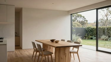 Wide architectural shot of a minimalist Melbourne dining space, seamless spatial flow into a garden, light timber dining table, soft morning daylight, shallow depth of field.