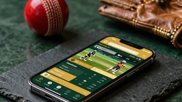 A high-end lifestyle photograph set in a South Asian luxury lounge where a modern smartphone sits on a dark slate table. The screen displays a professional cricket betting dashboard with gold accents. A red cricket ball and high-quality leather gloves are blurred in the shallow-focus background. The lighting is moody and premium, emphasizing trust and sophistication using deep green and gold tones.