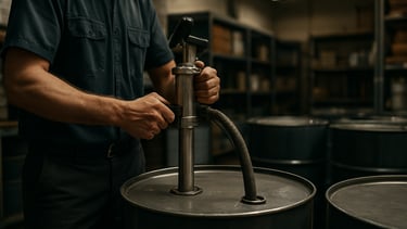 Wide shot of a maintenance technician's hands operating a drum dispensing pump in an industrial storage room, steel drums and shelving visible in background, diffused overhead factory lighting, no face visible