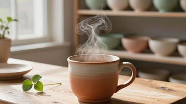 A cozy North American / US pottery studio with warm natural light streaming through a large window. A hand-thrown terracotta ceramic mug filled with steaming tea sits on a rustic wooden table next to a small green plant. In the background, shelves display beautifully crafted clay bowls and plates in soft sage green, soft peach, and cream colors. Authentic slow living atmosphere, cinematic close-up shot, shallow depth of field.