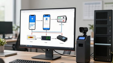 Technical integration diagram displayed on a monitor in a clean office, showing the communication flow between mobile payment app, ticket validator, barrier arm, camera, and central server with labeled connection lines, direct daylight, high contrast, true color, no people