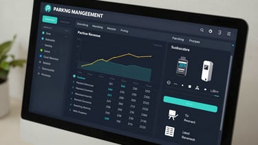Close-up overhead shot of a parking management software dashboard on a large monitor, showing real revenue charts, active subscriber list, and hardware status indicators in a dark UI, direct studio daylight, high contrast, true color, no people