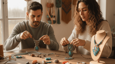 Un hombre y una mujer elaborando a mano joyería de macramé estilo boho con piedras de turquesa en un