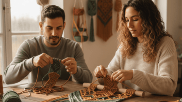 Un hombre y una mujer practicando técnicas de tapices de macramé en una mesa 