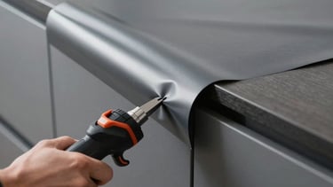 A close-up photograph of a professional installer applying a premium matte charcoal grey vinyl wrap to a modern kitchen cabinet edge. Sharp focus on the precision tool and the texture of the foil, Northern European / Dutch minimalist interior setting, professional lighting, high contrast aesthetic.