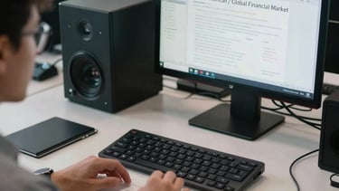 Photography of a professional workspace with a focused atmosphere, featuring modern technology and subtle financial textures. The lighting is crisp, emphasizing speed and efficiency. North American / Global Financial Market.