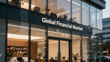 An elegant shot of a modern office interior with glass walls and professional decor, reflecting a high-tier financial environment at dusk. North American / Global Financial Market.