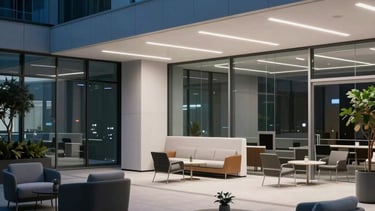 A minimalist photograph of a high-rise office lounge at night, with clean lines and sophisticated furniture under a soft blue glow. North American / Global Financial Market.