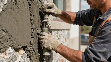 A clean, professional close-up photograph of a skilled mason in a European Portuguese setting, wearing work gear and carefully applying mortar to a stone wall. The scene is bright with natural sunlight, highlighting the charcoal grey and brownish grey textures of the masonry. The atmosphere is one of craftsmanship and reliability.