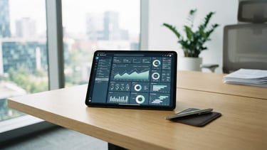 Modern editorial photography, bright natural office daylight, wide shot of an organized financial dashboard on a tablet resting on a minimalist desk, cool corporate blue and mint tones, shallow depth of field, 35mm.
