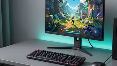 A high-quality, bright photography of a modern gaming station in a North American home. The scene features a clean charcoal grey desk, a sleek mechanical keyboard, and a monitor reflecting a colorful game world. Soft teal ambient lighting glows against light grey walls, creating an inspiring and accessible atmosphere.