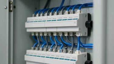 A close-up, sharp-focus photograph of a modern, perfectly organized electrical panel in a North American / US (Florida) setting. The wires are neatly bundled and routed in clean lines, featuring electric blue and dark gray insulation. The lighting is bright and clean, emphasizing technical precision and professional engineering against a light gray interior wall.