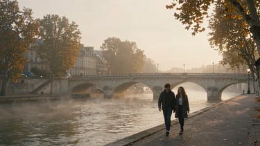 Cinematic wide shot of a couple walking along the misty Seine at sunrise, historic stone bridge in the background, soft golden light filtering through autumn trees, grain-rich film texture, wide 16:9 aspect