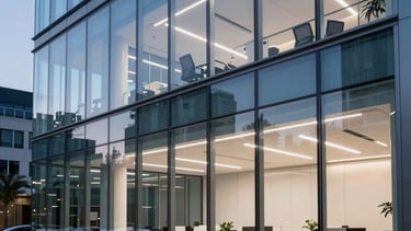 A sharp, professional photography shot of a modern glass-walled tech office in a North American tech hub at twilight. The interior shows clean lines, high-end ergonomic furniture, and soft Sky Blue and Slate Blue ambient lighting. No people, focusing on the calm, reliable environment of a high-tech consultancy.