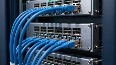 Close-up of a neatly organized server rack with blue and cyan ethernet cables, clean structured cabling, metallic textures, cool daylight, 35mm