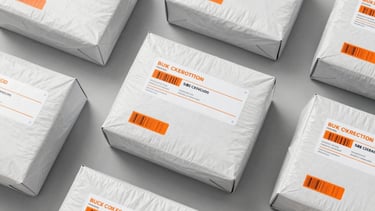 Overhead flat-lay of organized parcels with clear shipping labels and safety-orange tracking barcodes on a cool gray background