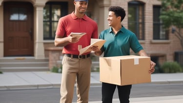 Courier handing over a package with a friendly smile in an urban setting.