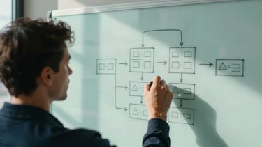 Over-the-shoulder view of a software architect sketching a database schema on a physical whiteboard, cool natural daylight, deep slate tones, sharp focus.