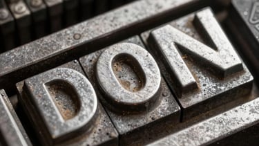 A macro shot of lead type blocks from a vintage printing press, arranged to spell out a word. The metal has a beautiful patina. Lighting is dramatic and focused, highlighting textures.