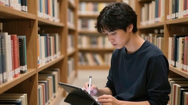 A person sitting in a quiet, modern library in Vietnam, surrounded by books, working on a tablet with a stylus. The atmosphere is academic yet contemporary.