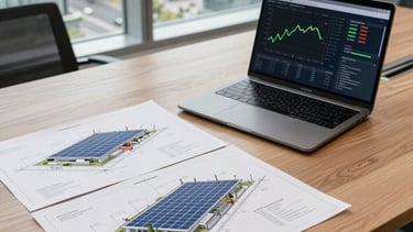 A crisp, high-angle professional photograph of a Spanish engineering firm's boardroom table. On the table, detailed architectural technical drawings for a renewable energy facility are spread out next to a sleek graphite-colored laptop showing energy efficiency charts. Natural light enters from a large window overlooking a modern European business district. The scene conveys precision, authority, and corporate success.