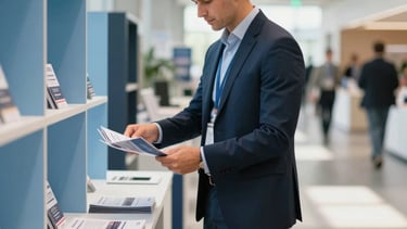A professional logistics expert in North American business attire standing in a modern, bright convention center hallway in the US. They are organizing premium brochures next to high-end exhibition furniture. The scene is shot with soft morning light, featuring a palette of navy blue and light blue to convey trust and efficiency.