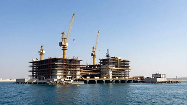 Wide-angle architectural photograph of a massive marine construction site in Abu Dhabi, bright desert daylight reflecting off deep blue gulf waters, heavy steel cranes and concrete breakwaters visible, sharp structural details