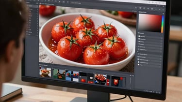 Over-the-shoulder shot of a digital marketer editing food photography on a large monitor in a sunlit European studio. The image on screen is a bright Deep Crimson Red tomato dish.