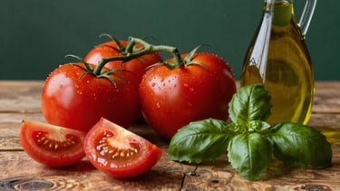 A rustic wooden table with fresh tomatoes, basil, and olive oil. Professional photography lighting, Deep Crimson Red and Matte Forest Green background elements. European / Iberian feel.
