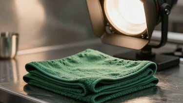 A close-up of a professional lighting setup in a restaurant kitchen for a photo shoot. Gleaming stainless steel, Matte Forest Green kitchen towels, warm glowing light.