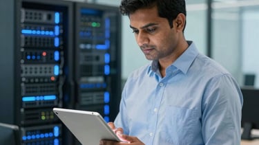 A professional South Asian / Indian IT consultant in a modern, glass-walled office in Pune during the day. The subject is interacting with a sleek tablet device. In the background, blurred glowing server racks with deep blue and bright blue light indicators create a tech-focused atmosphere. Clean, minimalist composition.