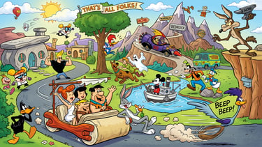 Uma paisagem colorida de desenho animado com personagens icônicos como Mickey Mouse, Pernalonga e Os