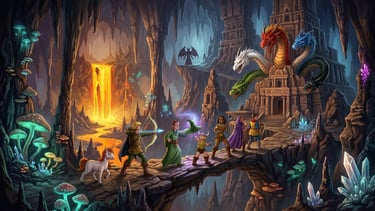 Heróis de fantasia enfrentam Tiamat, o dragão de cinco cabeças, em uma caverna brilhante.