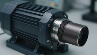 Macro photograph of a heavy-duty industrial servo motor coupled to a diagnostic rig, cool white laboratory LED light, sharp shadows, technical elevation