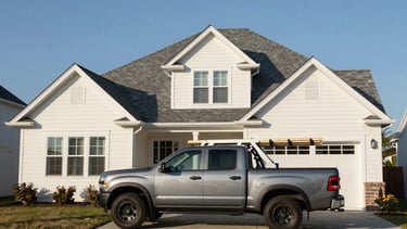 A sharp, detailed photograph of a North American suburban house with clean off-white siding and a professionally installed slate grey shingle roof. The lighting is bright morning sun, emphasizing expert craftsmanship and professional reliability. A slate grey truck with a subtle ladder rack is parked neatly on the concrete driveway.