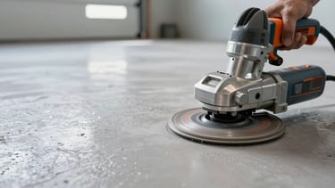 Close-up of a professional dustless concrete grinding machine prepping a garage floor, bright utility lighting, high-contrast titanium tones, 35mm.
