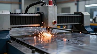 Dramatic wide-angle industrial photography of a CNC laser cutter throwing sparks onto a metal plate, high-contrast workshop lighting, cool steel tones with intense orange sparks, 50mm