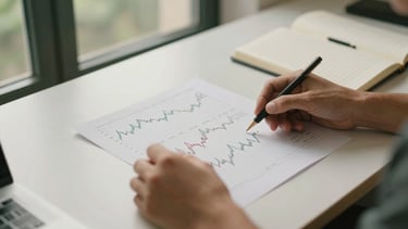 Overhead shot of hands analyzing financial charts and notebooks on a clean desk, warm natural window light, forest green accents, shallow depth of field, 35mm