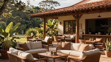 An inviting outdoor terrace with comfortable seating, bathed in warm sunlight, surrounded by native plants. South American &amp;#x2F; Brazilian architecture.