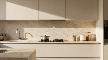 A sunlit minimalist kitchen with light beige cabinets and elegant stone countertops. South American &amp;#x2F; Brazilian setting, cinematic lighting.