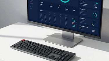 A clean modern desk setup with active data dashboards on a high-resolution display, sharp shadows, bright natural daylight, 35mm lens