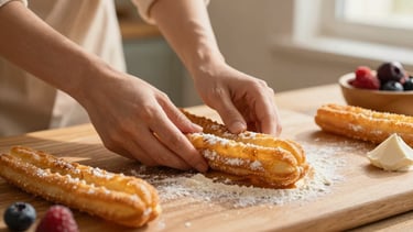 Primer plano de manos femeninas amasando masa dorada de churros sobre una tabla de madera, luz de ventana cálida, harina esparcida, enfoque suave.