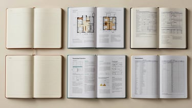 Overhead flat-lay of an organized planning table — open notebooks, printed property schedules, insurance policy pages, and a tax worksheet arranged across a warm cream surface, natural ambient light, no hands visible, calm and methodical composition