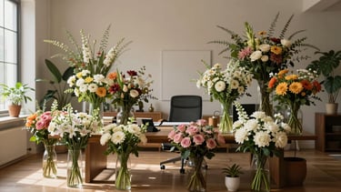 Wide panoramic shot of natural floral arrangements in a warm home environment, soft morning daylight, cozy and elegant workspace in the background.