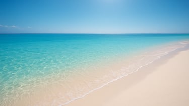 A professional wide-angle photograph of a serene South Pacific / New Caledonian beach at noon. Crystal clear turquoise water meets white sand under a brilliant sun. The composition is clean and clear, reflecting a reliable and peaceful atmosphere. Palette includes light blue and off-white.