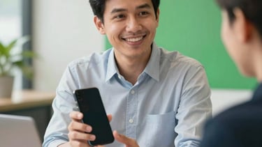 A warm and professional photography shot of a friendly Southeast Asian / Malaysian consultant in a clean, modern office setting, smiling while showing a smartphone screen to a customer, soft natural lighting, subtle gold and primary green accents in the background.