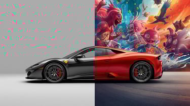 poster voiture de sport luxueuse noir et rouge, décor sobre et Street Art